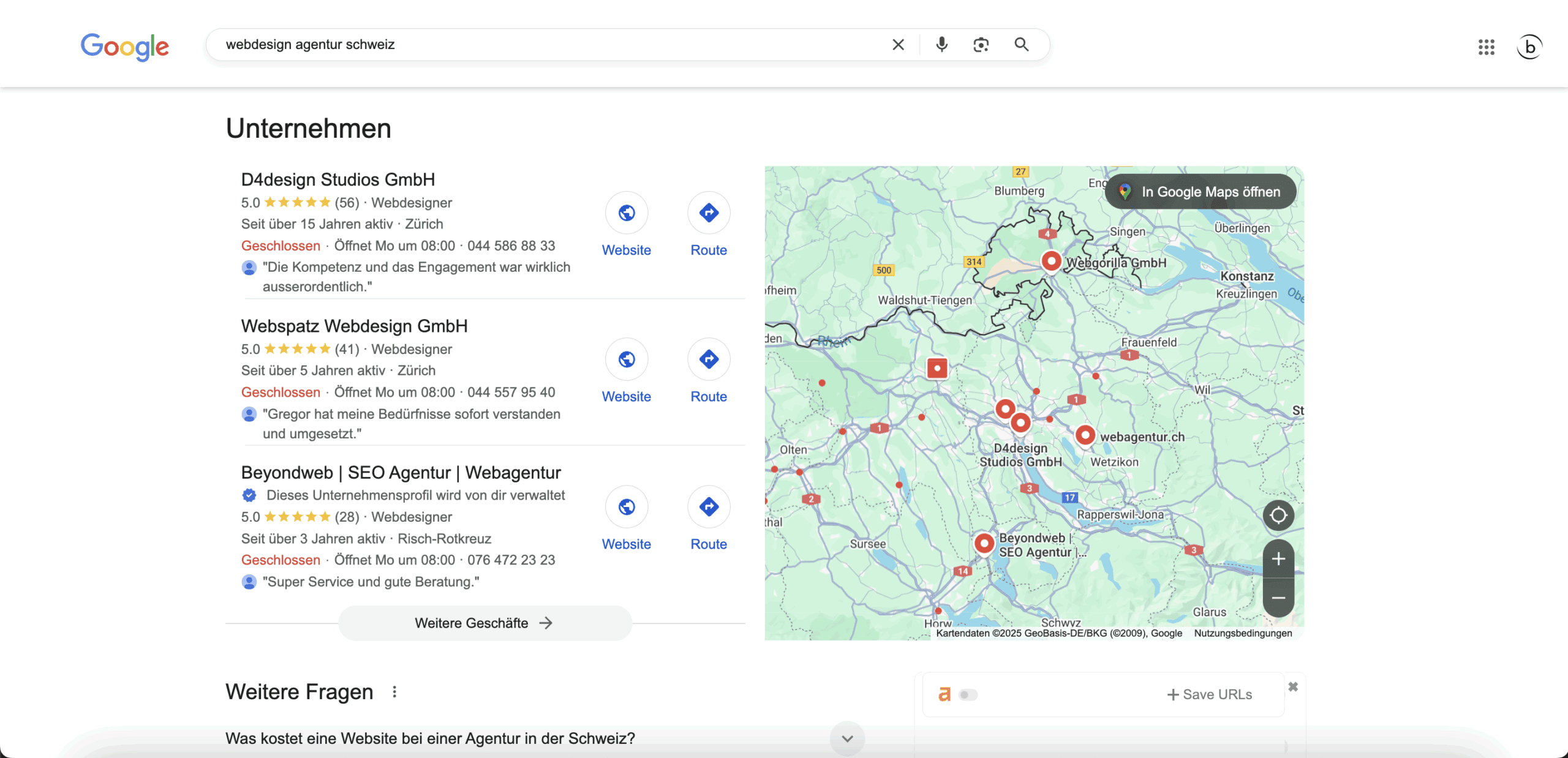 Screenshot der Google-Suche mit dem Keyword "Webdesign Agentur"